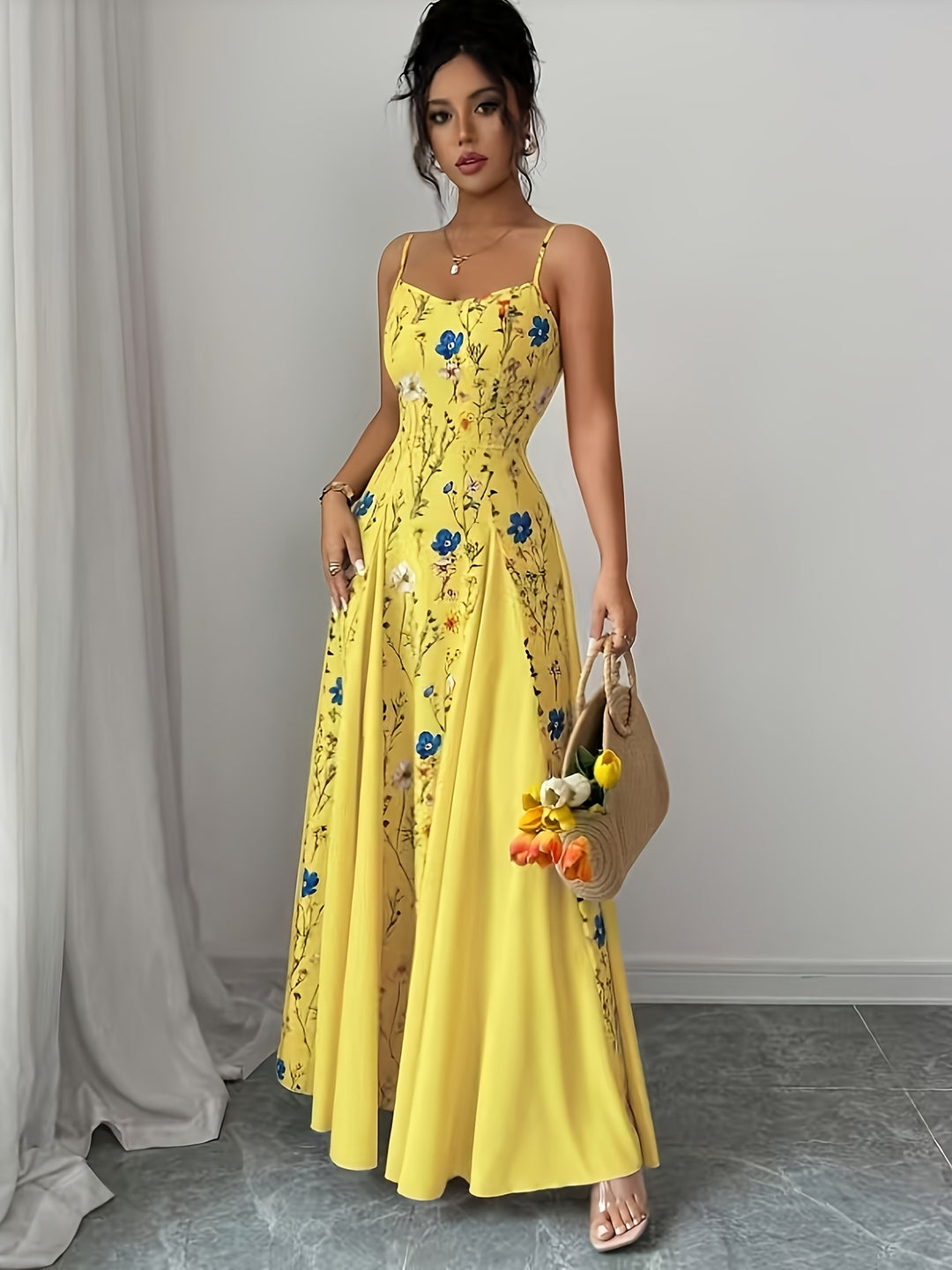 Naomi │ Women's Floral Print Wedding Guest Maxi Dress With Spaghetti Straps