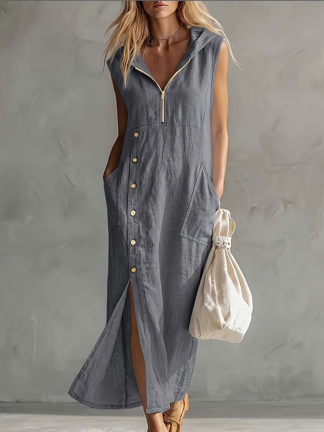 Nadine │ Women's Sleeveless Hooded Maxi Dress With Zip Front And Button Detail