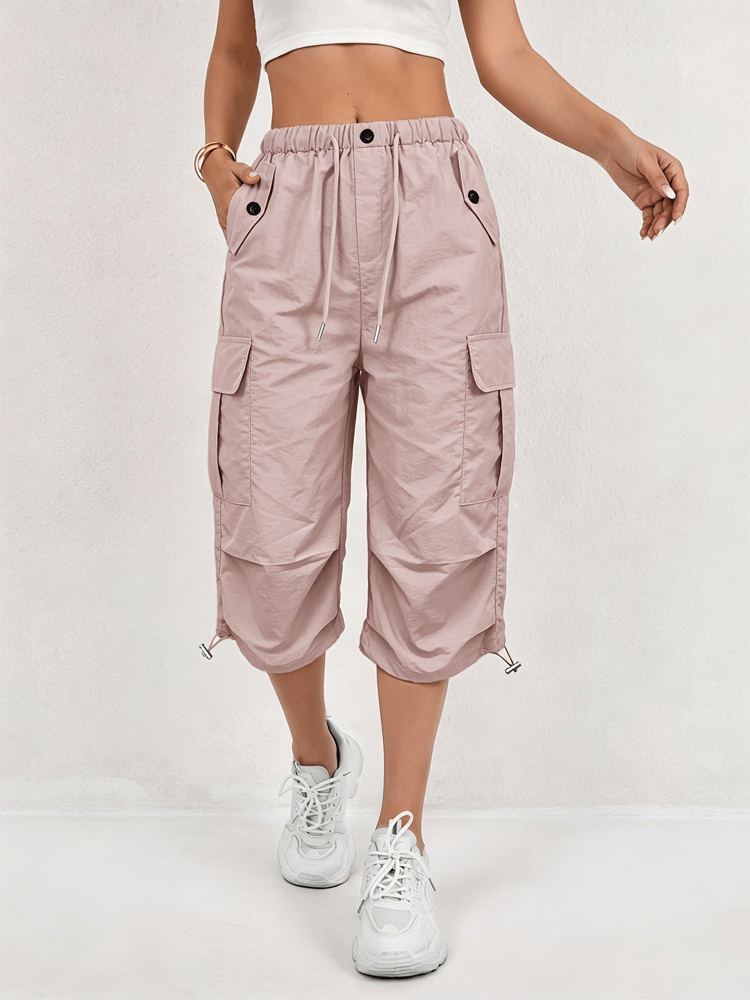 Freya | Women's Loose Fit Drawstring Waist Flap Pocket Cargo Capri Trousers