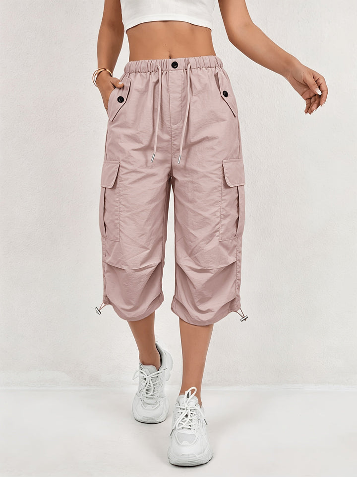 Freya | Women's Loose Fit Drawstring Waist Flap Pocket Cargo Capri Trousers