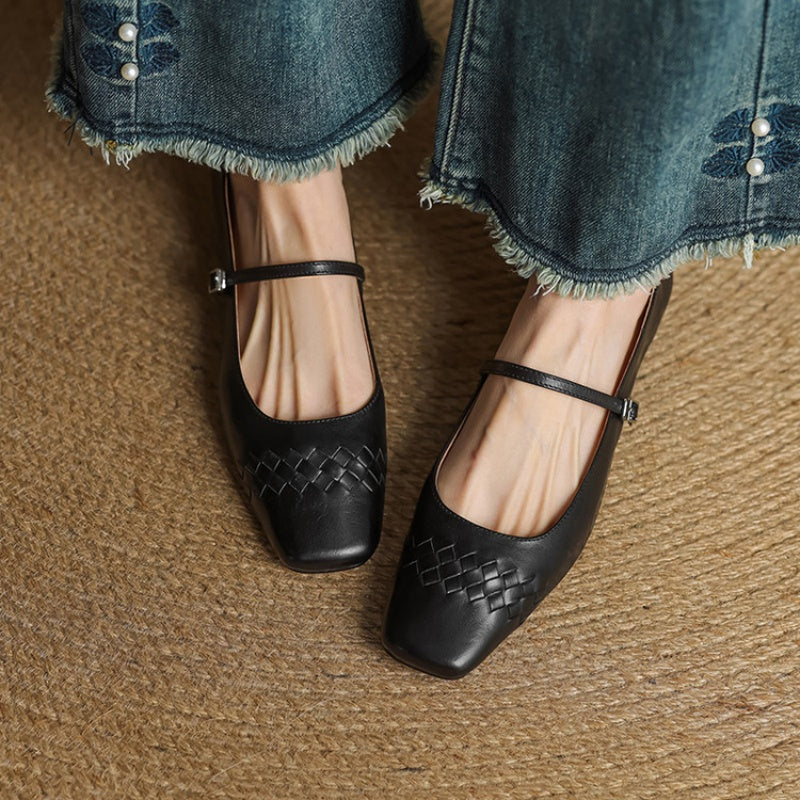 Selina │ Women's Square Toe Mary Jane Flat With Woven Upper