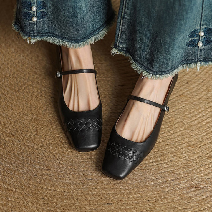 Selina │ Women's Square Toe Mary Jane Flat With Woven Upper