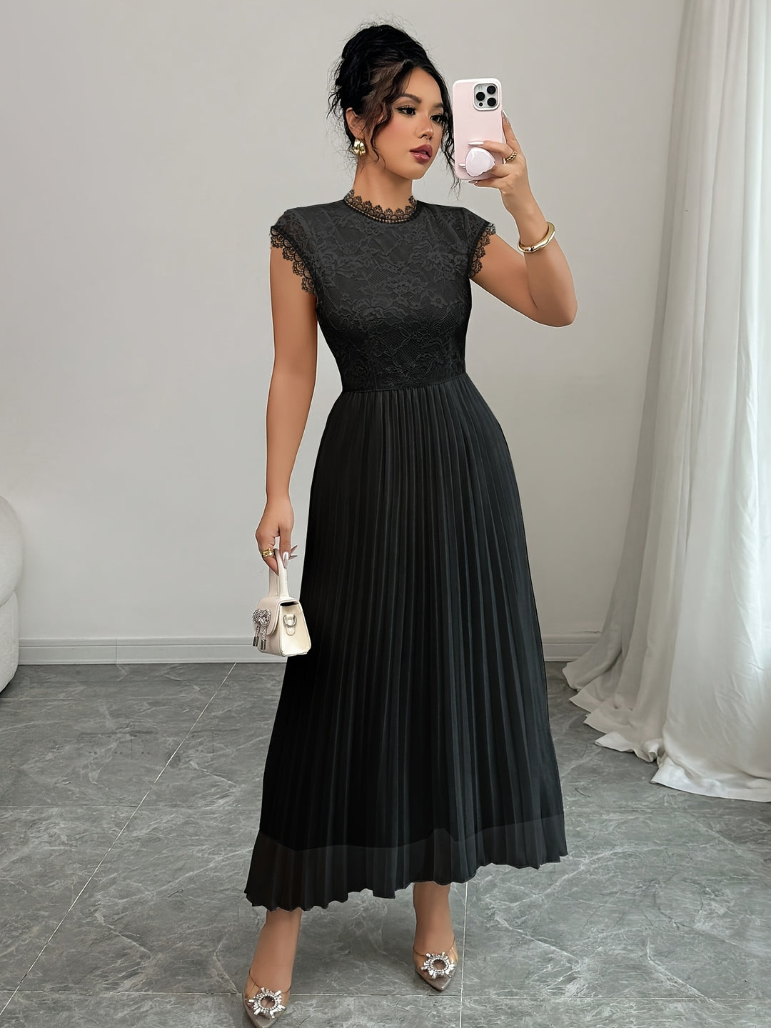 Edith │ Women's Lace Bodice Pleated Wedding Guest Maxi Dress