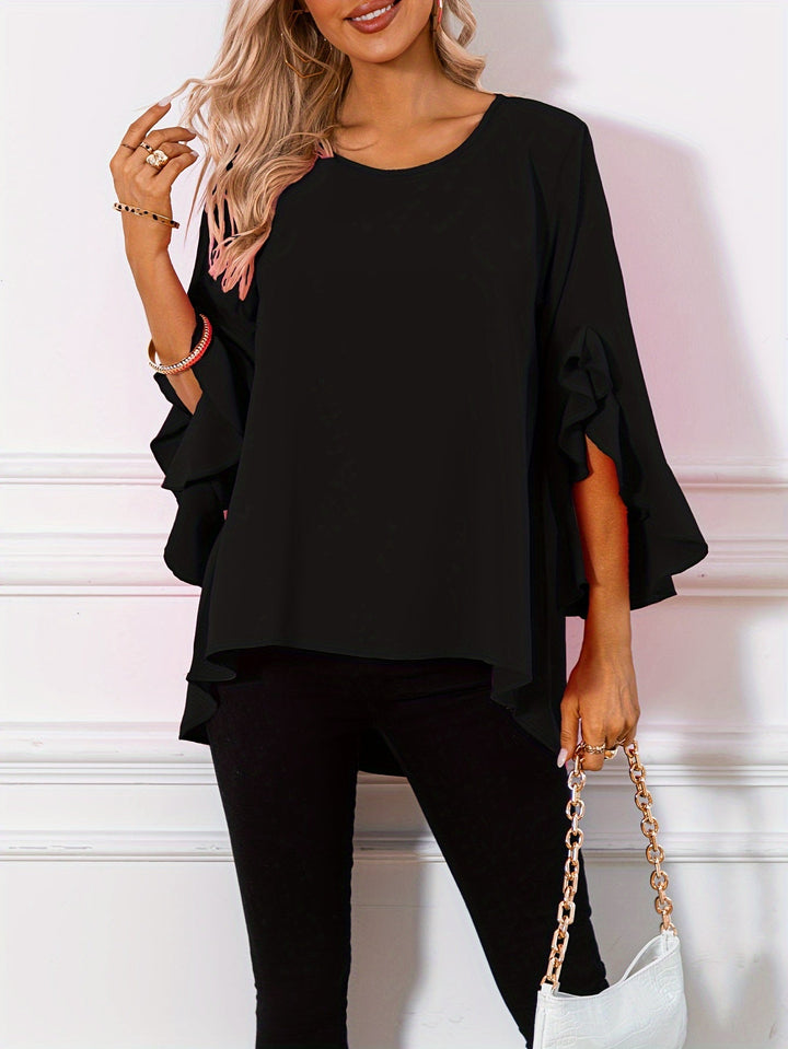 Corinna │ Women's Three-Quarter Sleeve Peplum Blouse With Ruffle Detail