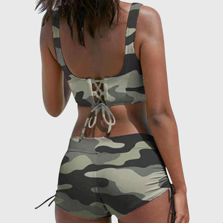Estelle │ Women's Camo Print Cross Front Bikini Swimwear With Ruched Shorts