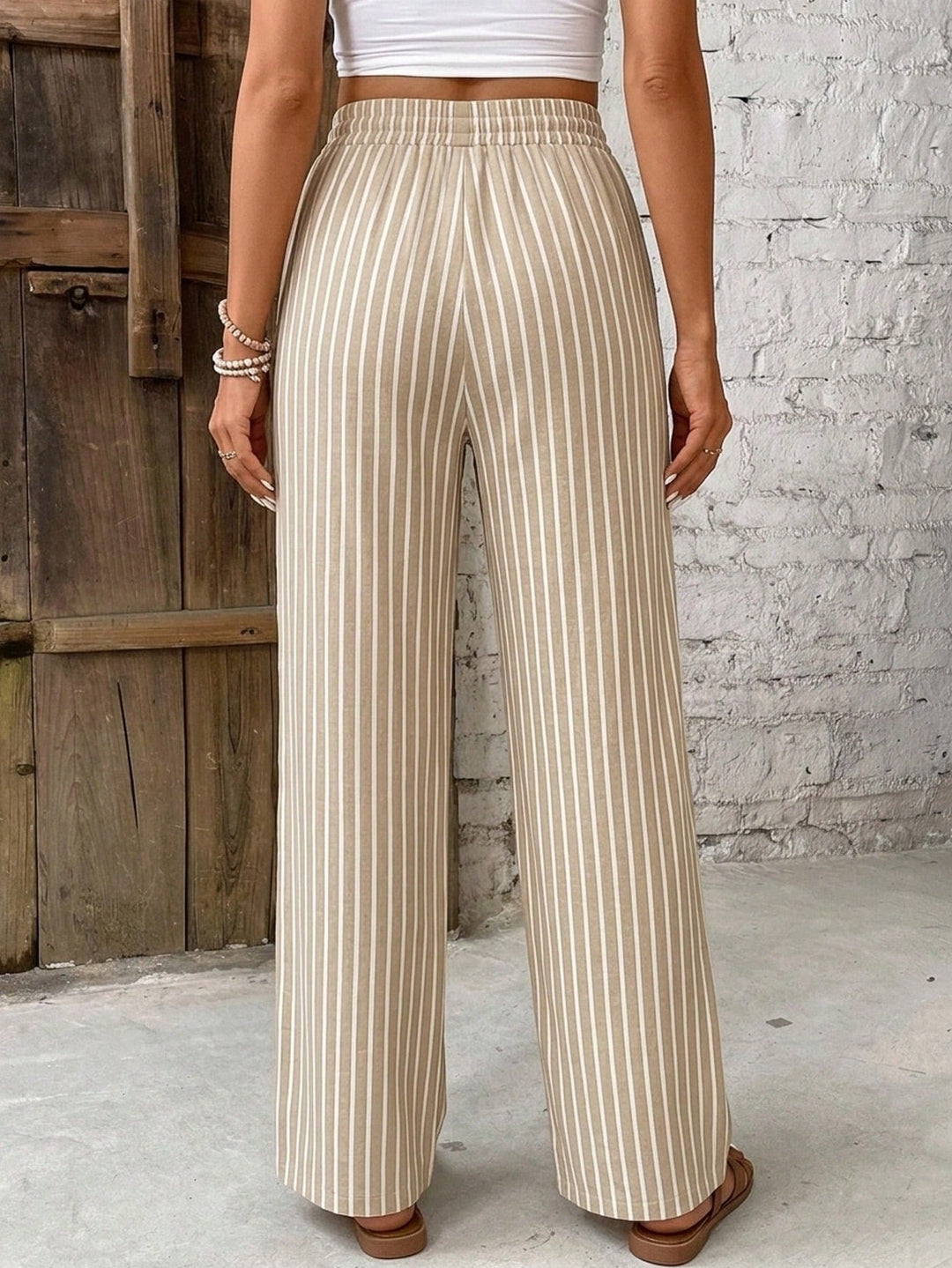 Georgina │ Women's Stripe Print Elastic Waist Wide Leg Trousers