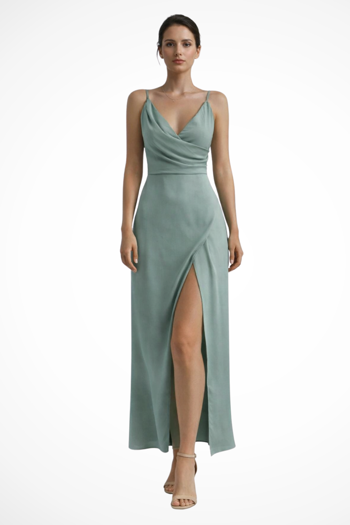 Thessaly │ Women's Draped Cowl Neck Slit Maxi Wedding Guest Dress