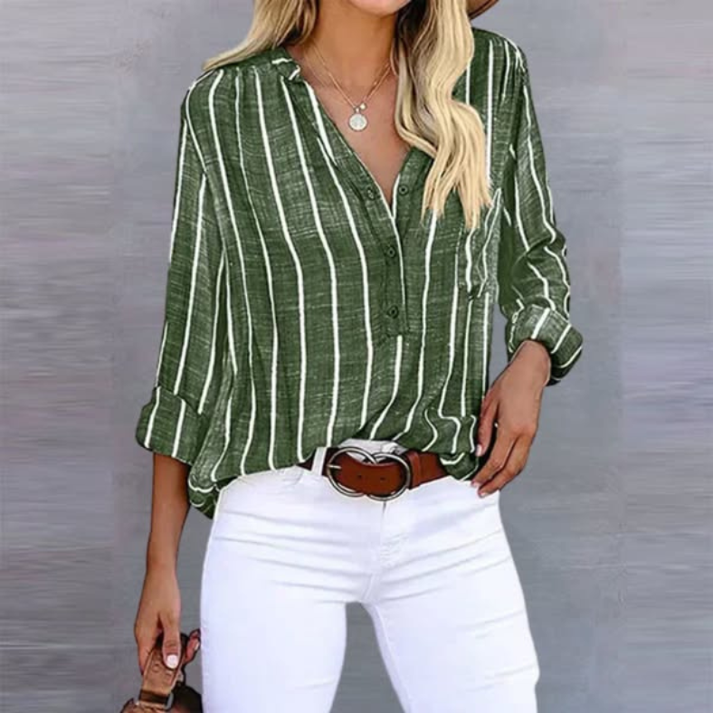 Sibyl │ Women's Striped V-Neck Long Sleeve Button Front Blouse