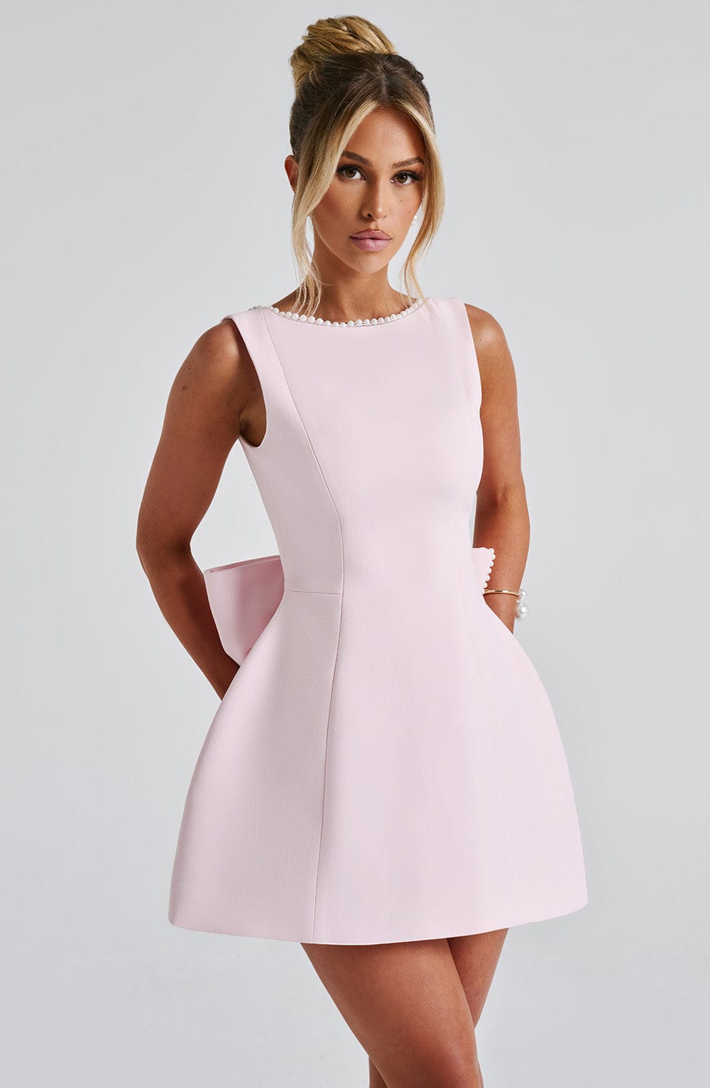 Georgiana │ Women's Structured Mini Wedding Guest Dress With Pearl Trim And Bow Detail