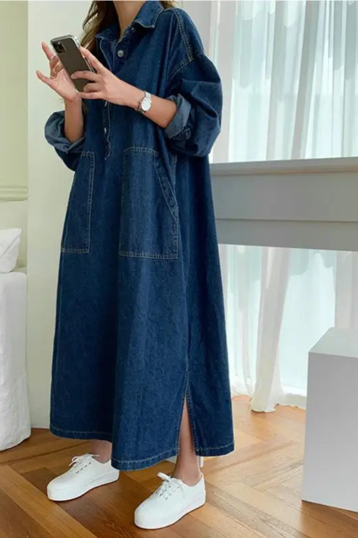 Harriet │ Women's Oversized Denim Maxi Summer Dress With Collar And Front Pockets