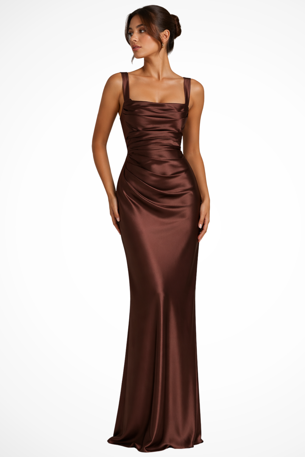 Seraphine │ Women's Square Neck Ruched Satin Maxi Wedding Guest Dress With Gloves