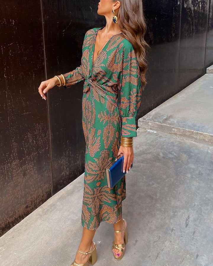Thessaly │ Women's Paisley Print Wrap Front Maxi Wedding Guest Dress With Long Sleeves
