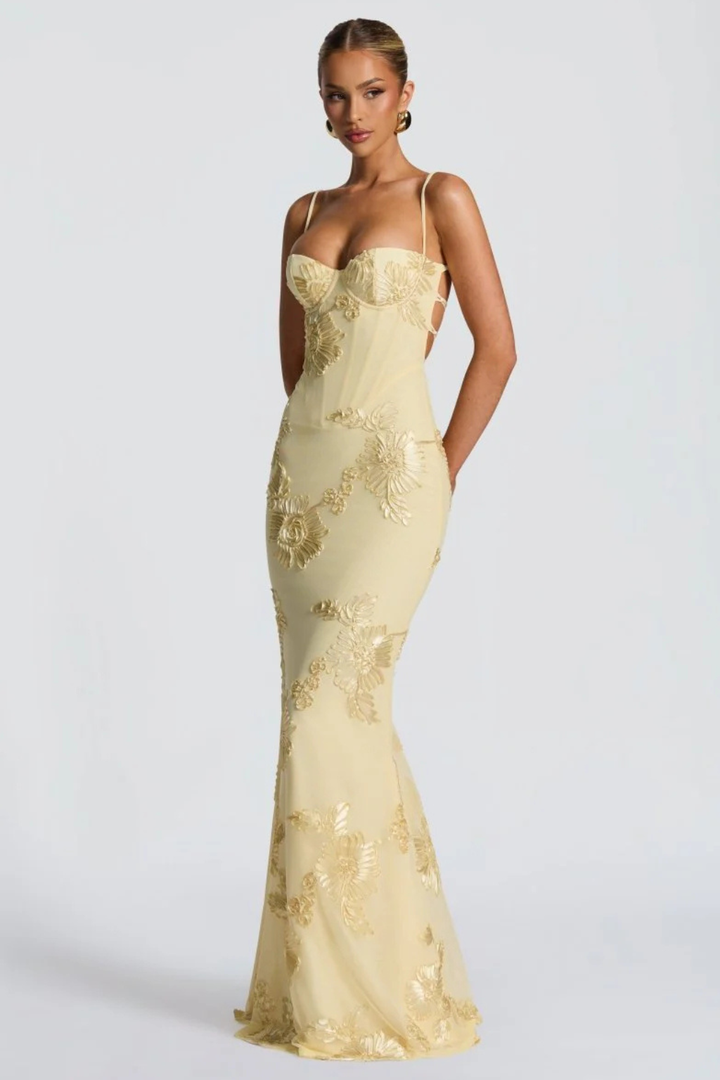 Evangeline │ Women's Floral Embroidered Corset Maxi Wedding Guest Dress With Cami Straps
