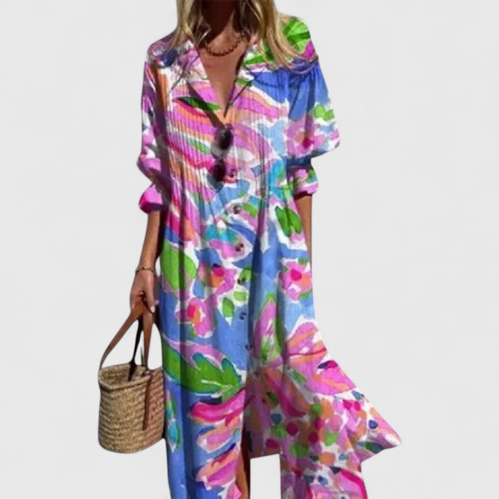 Calliope │ Women's Botanical Print Button Front Midi Summer Dress With Half Sleeves