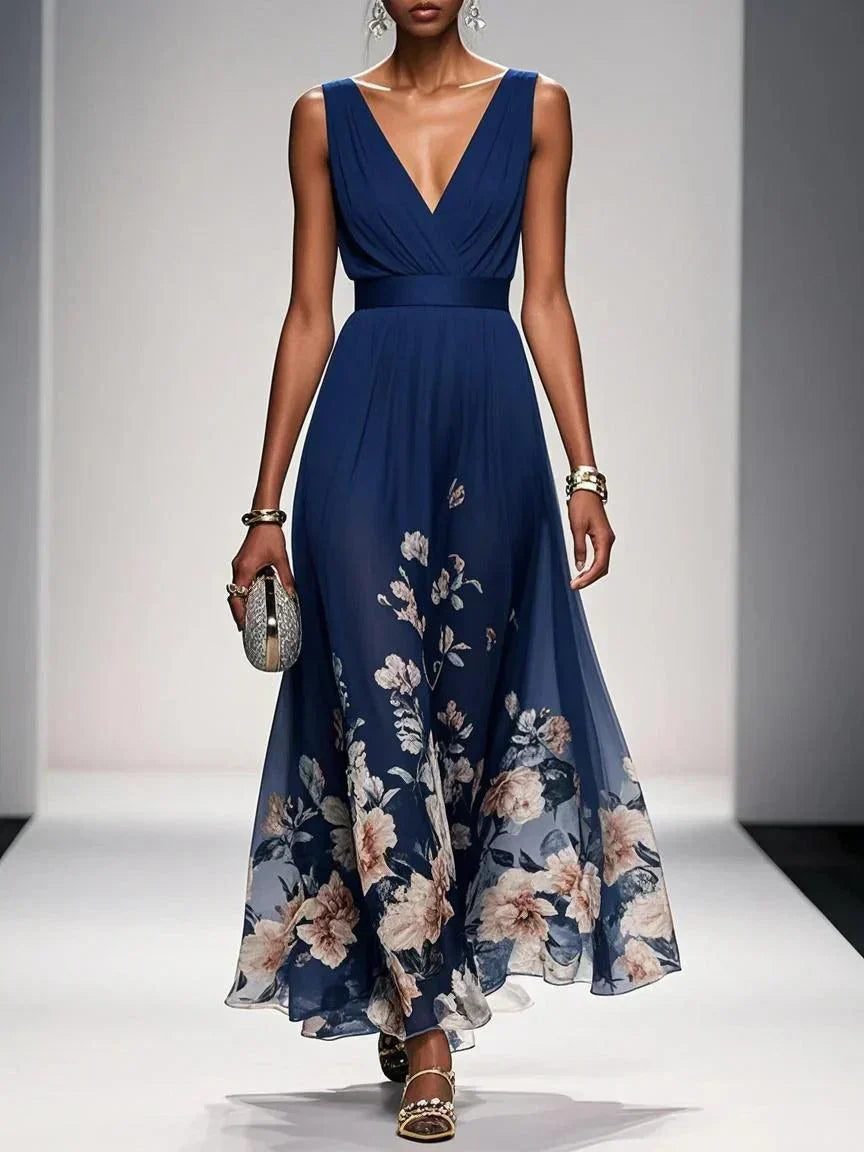 Grace | Women's V-Neck Ruched Bodice Floral Border Maxi Dress