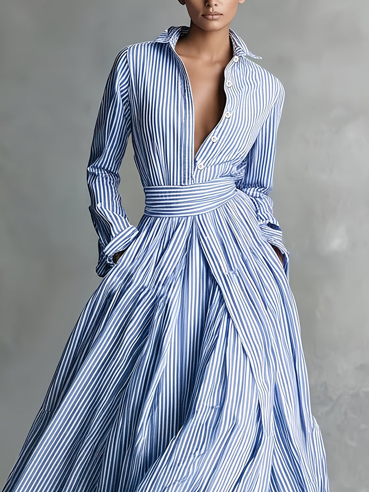 Winifred │ Women's Stripe Print Collar Button Front Tie Waist Maxi Shirt Dress