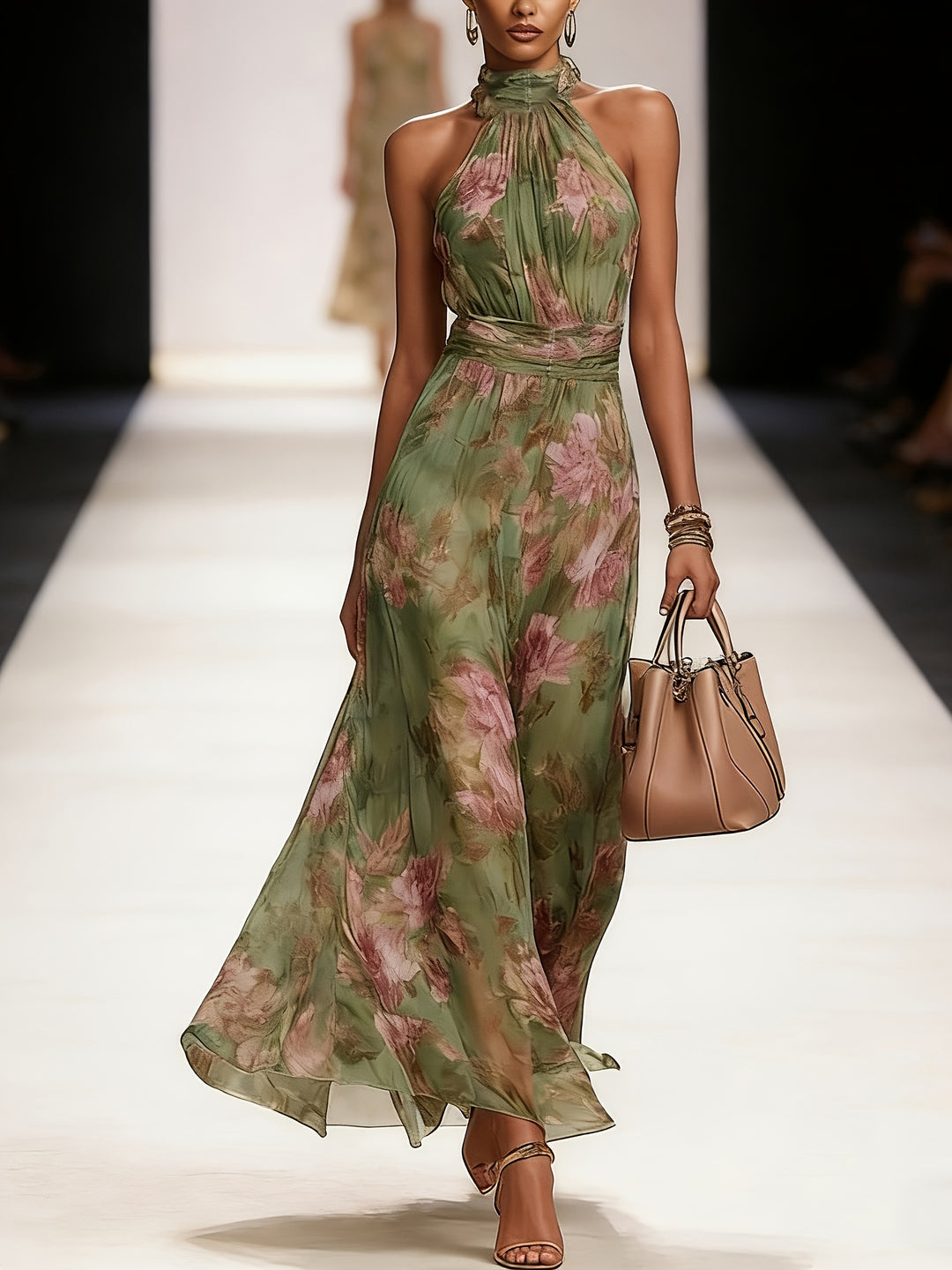 Eleanor │ Women's Floral Print Halter Neck Wedding Guest Maxi Dress