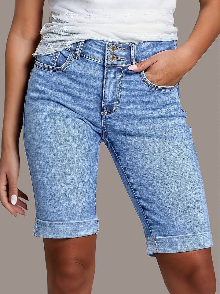 Ivy | Women's High-Waisted Double Button Cuffed Bermuda Denim Shorts