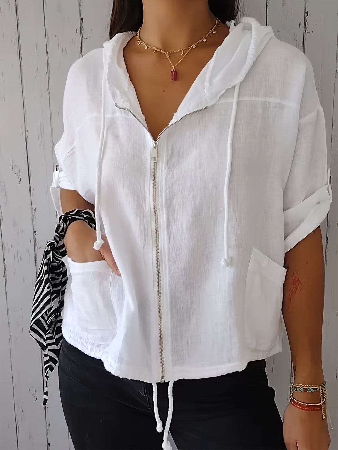 Harriet │ Women's Hooded Short Sleeve Zip Front Top