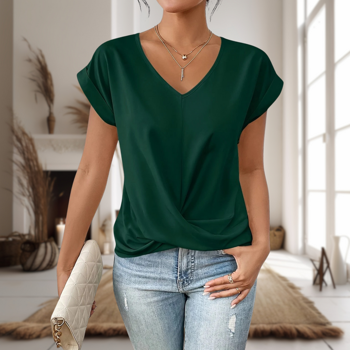 Zoe │ Women's V-Neck Twist Hem Short Sleeve Top