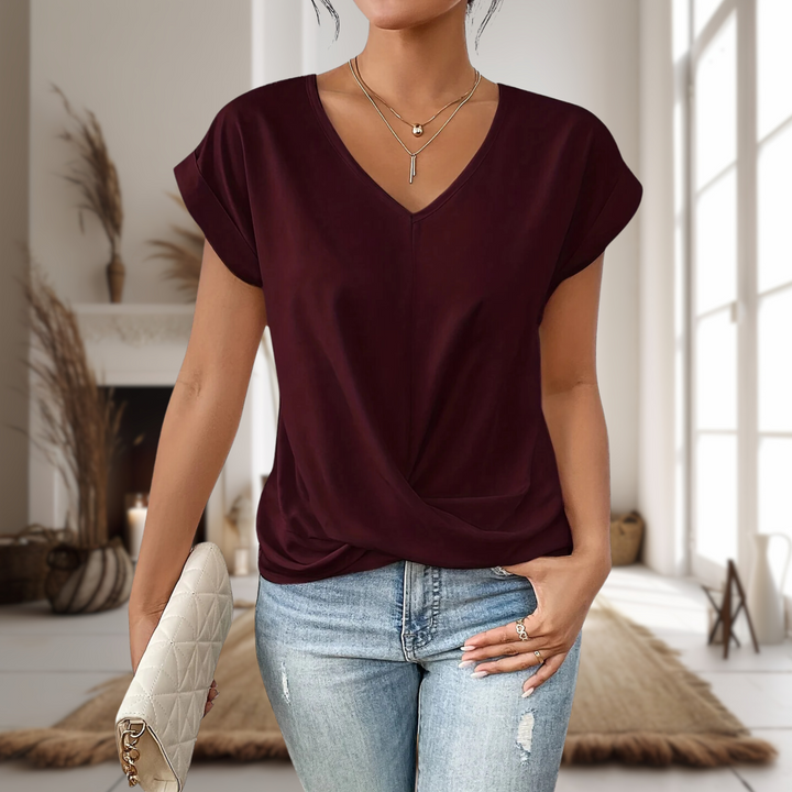 Zoe │ Women's V-Neck Twist Hem Short Sleeve Top