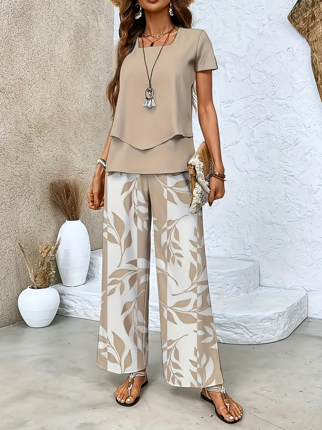 Nora │ Women's Short Sleeve Top And Wide Leg Trousers Two Piece Set