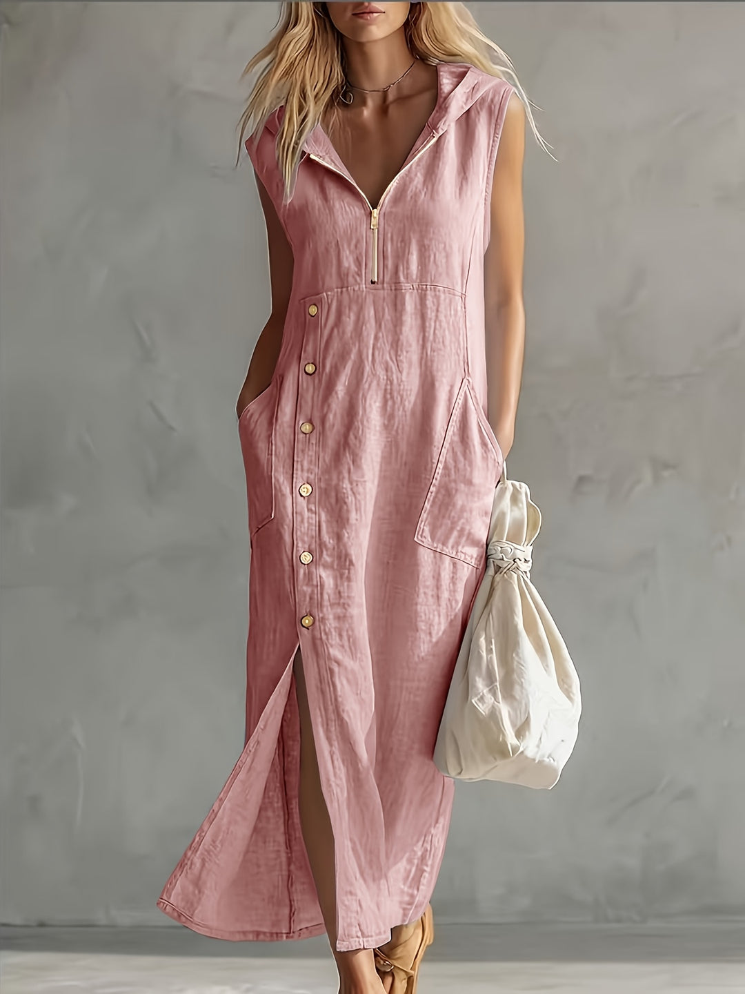 Nadine │ Women's Sleeveless Hooded Maxi Dress With Zip Front And Button Detail