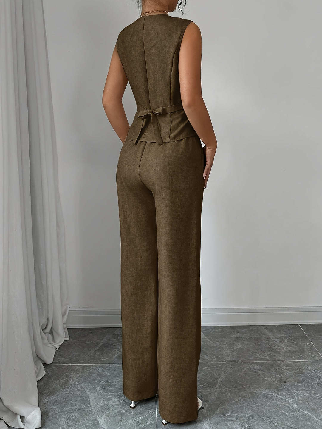 Leona │ Women's Sleeveless Button Front Vest And Straight Leg Trousers Two Piece Set
