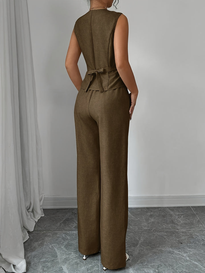 Leona │ Women's Sleeveless Button Front Vest And Straight Leg Trousers Two Piece Set