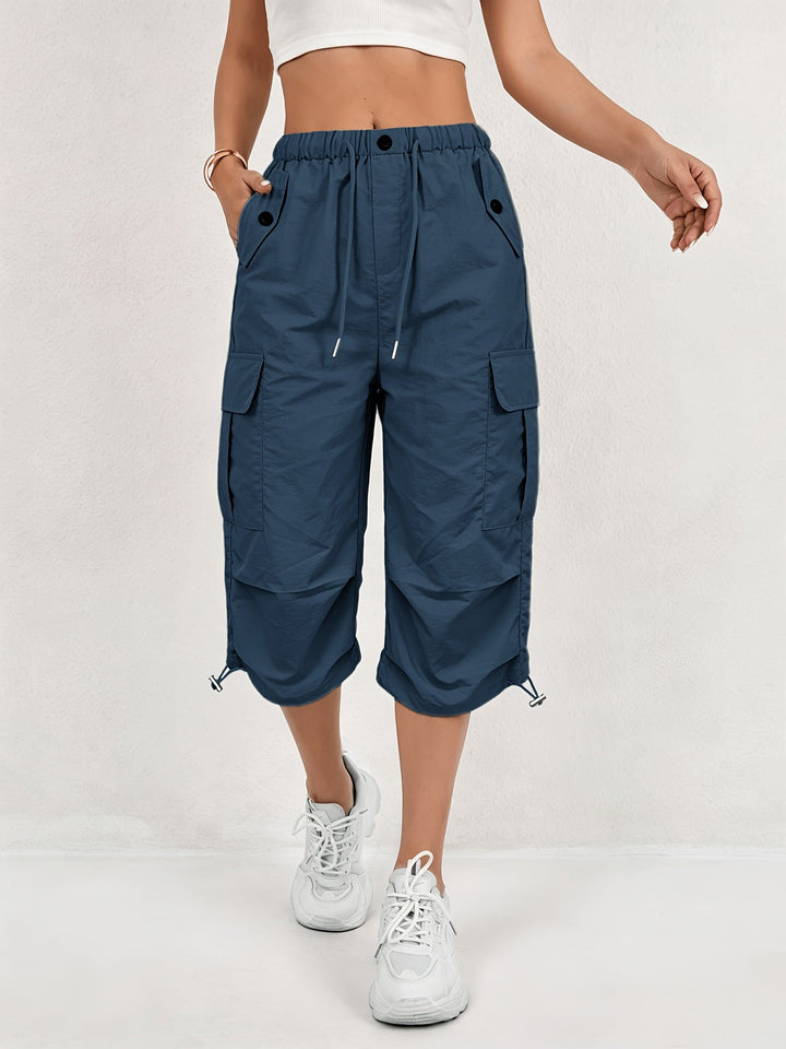 Freya | Women's Loose Fit Drawstring Waist Flap Pocket Cargo Capri Trousers