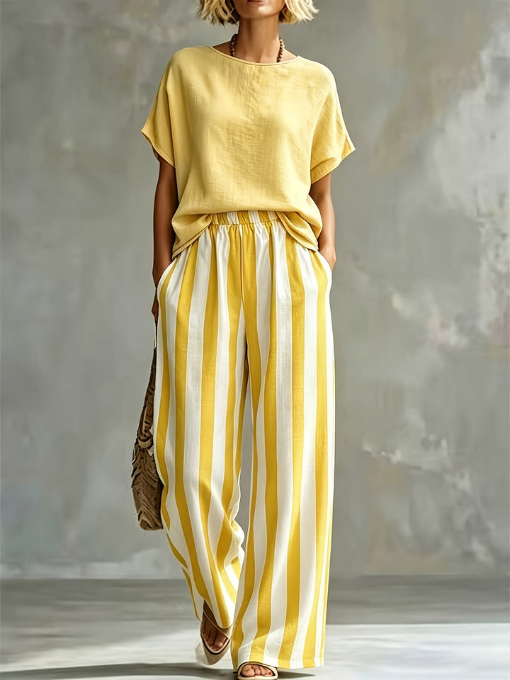 Florence | Women's Striped Wide-Leg Trouser Crew Neck Co-ord Set