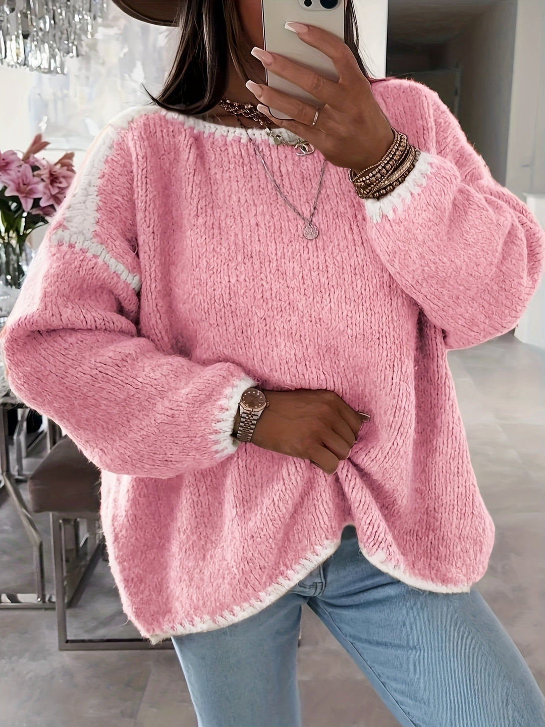 Naomi │ Women's Loose Fit Boat Neck Sweater With Contrast Trim