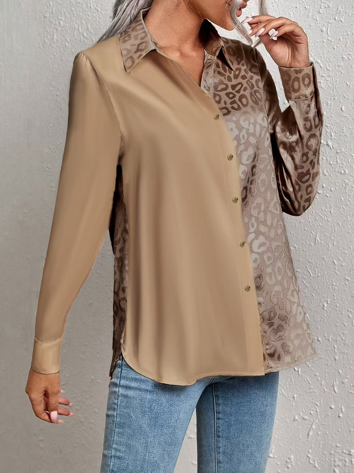 Vera │ Women's Satin Long Sleeve Blouse With Leopard Print