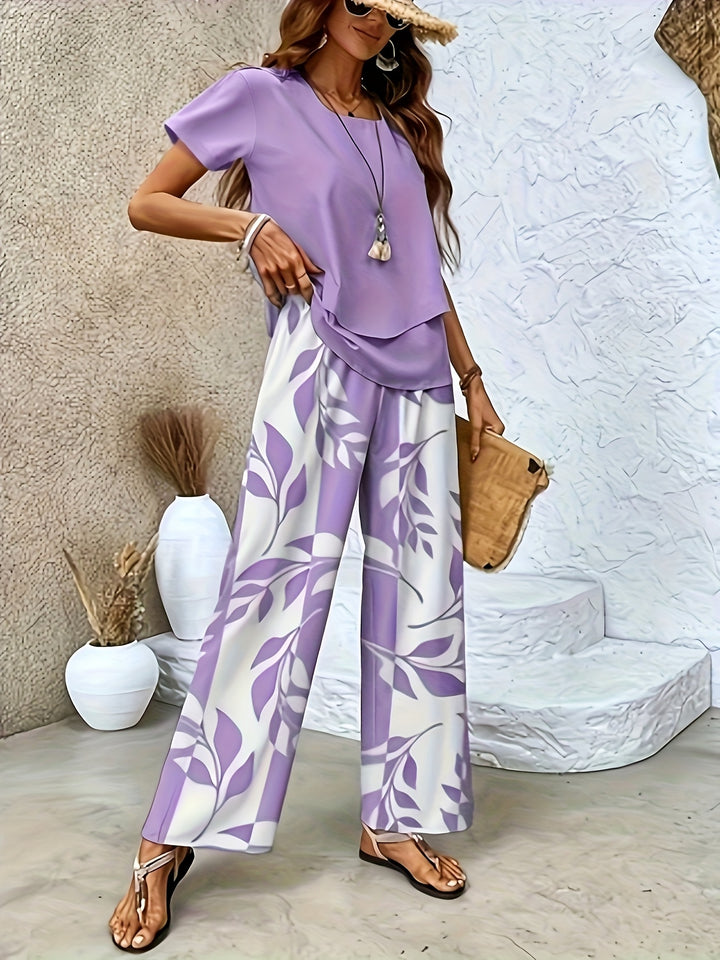 Nora │ Women's Short Sleeve Top And Wide Leg Trousers Two Piece Set