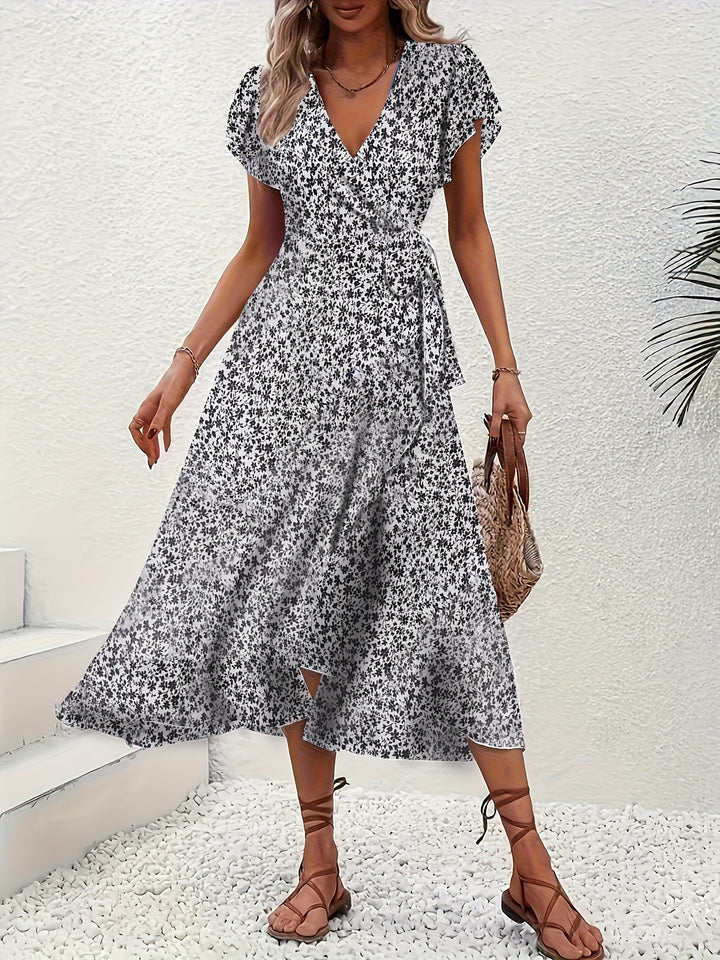 Leona │ Women's V-Neck Flutter Sleeve Maxi Wrap Dress