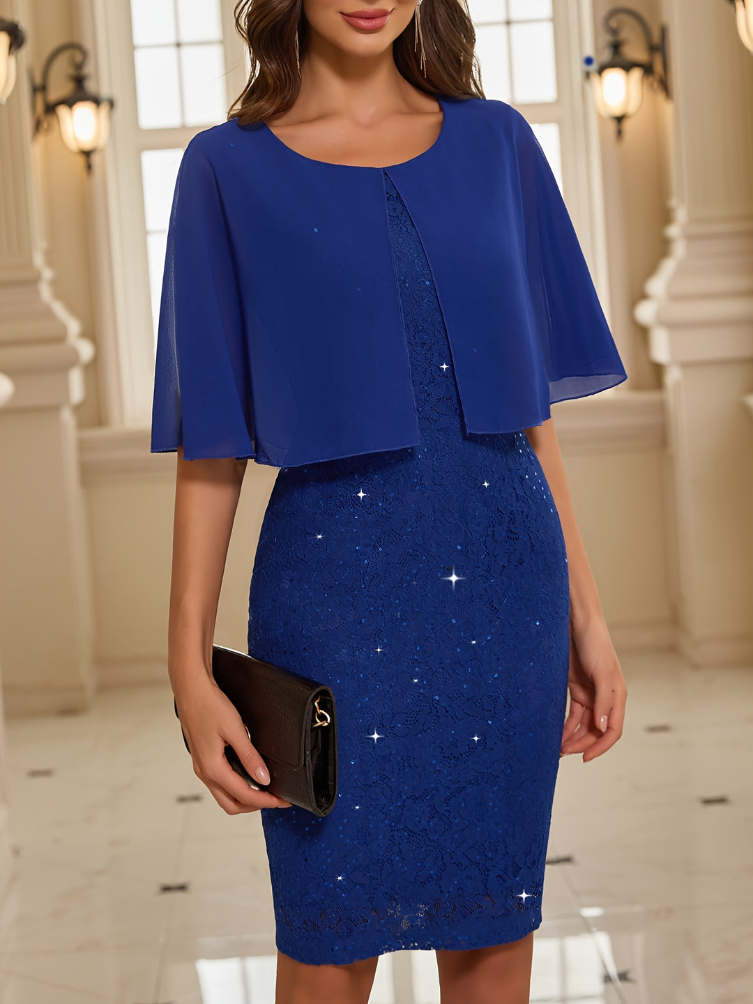 Corinna │ Women's Lace Sequin Wedding Guest Dress With Chiffon Cape Overlay