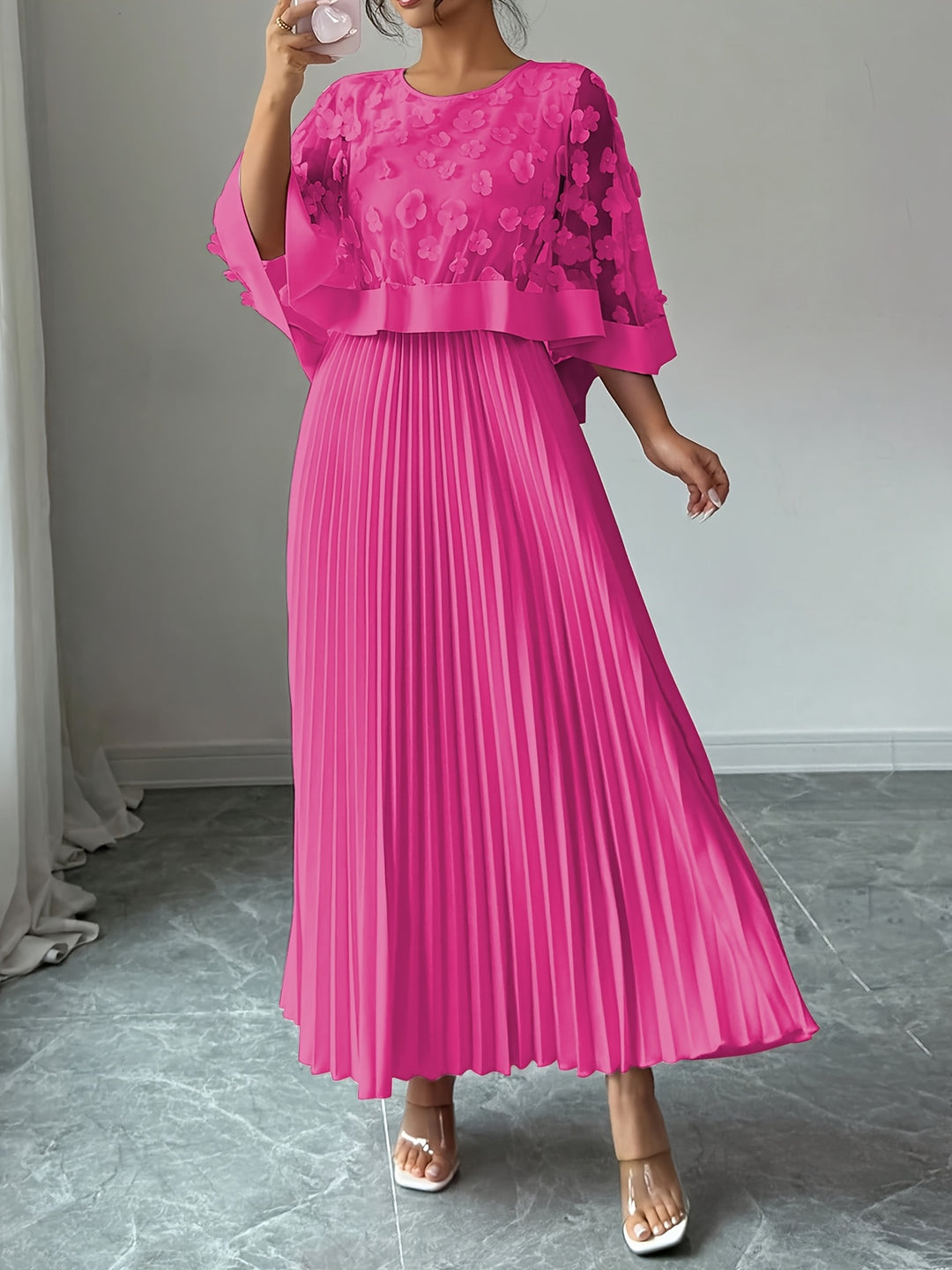 Beatrice │ Women's 3D Floral Appliqué Wedding Guest Maxi Dress With Pleated Skirt