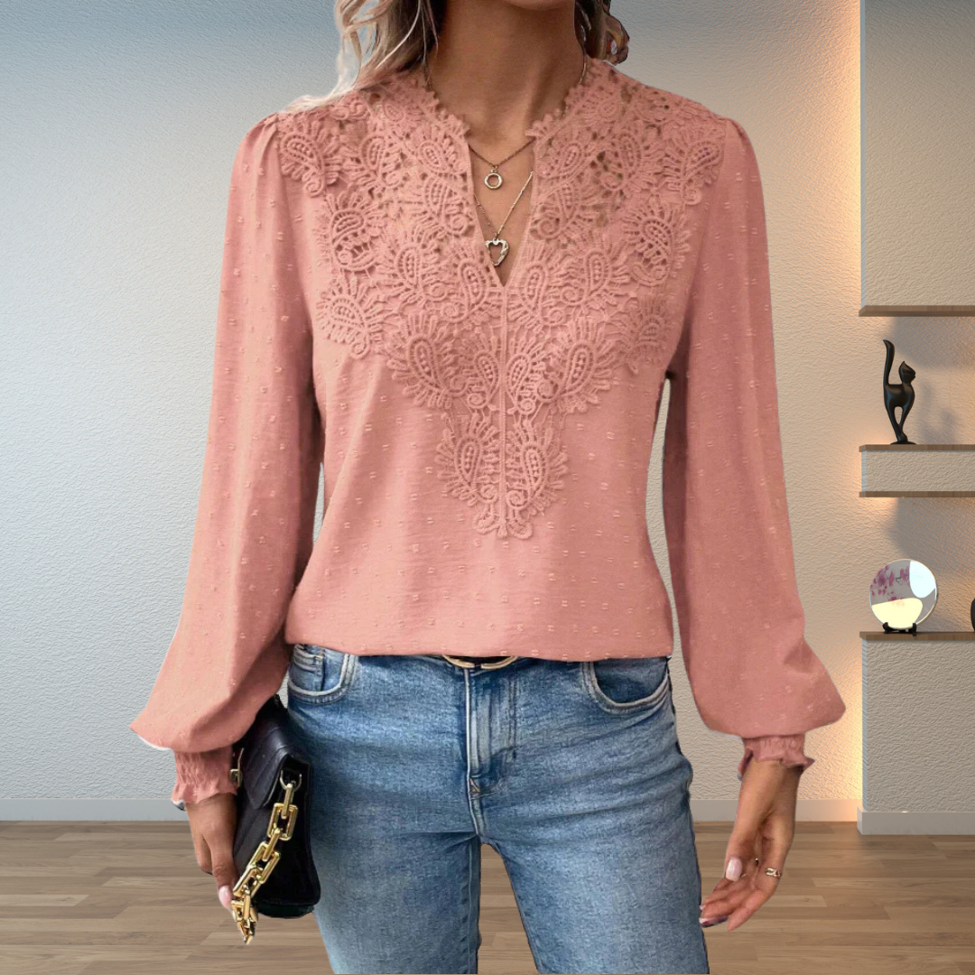 Stella │ Women's Lace Trim V-Neck Long Sleeve Blouse With Textured Fabric