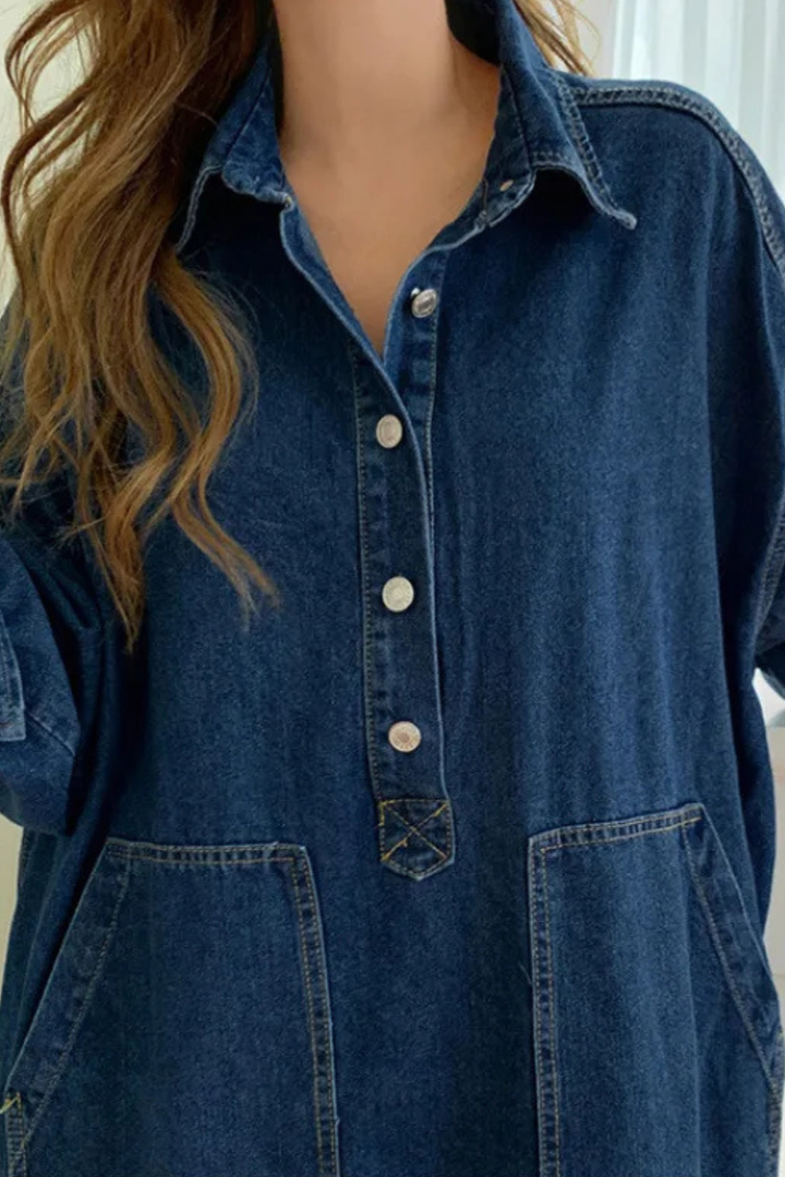 Harriet │ Women's Oversized Denim Maxi Summer Dress With Collar And Front Pockets