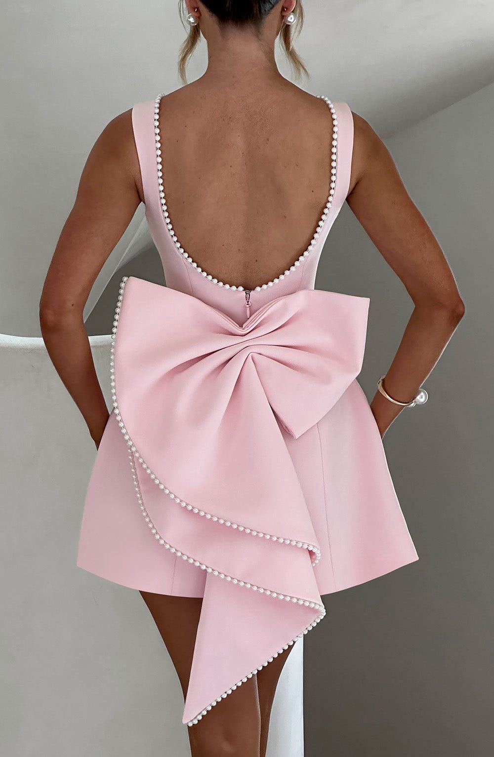 Georgiana │ Women's Structured Mini Wedding Guest Dress With Pearl Trim And Bow Detail