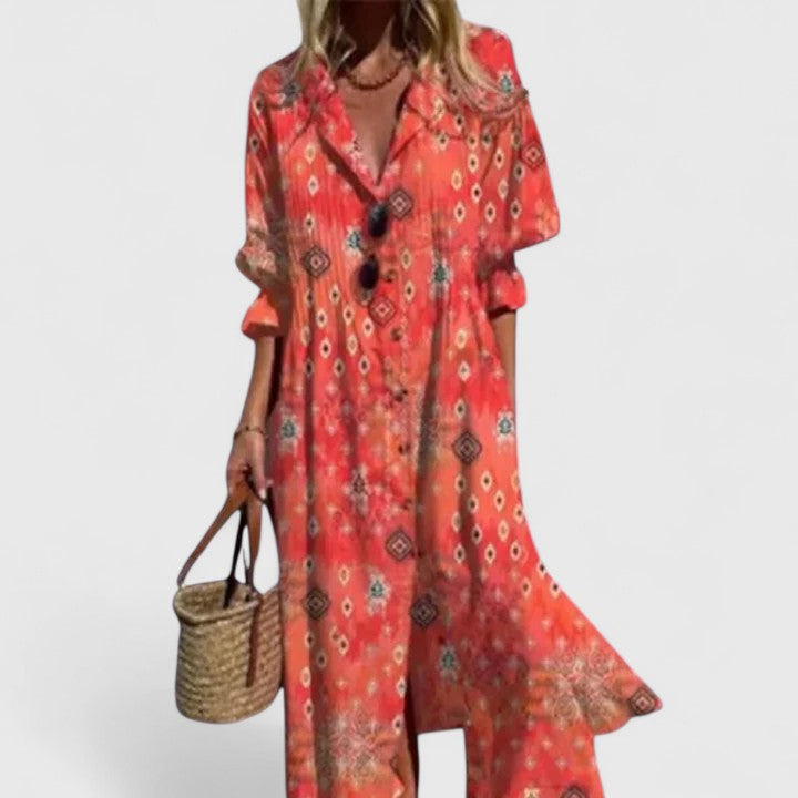 Calliope │ Women's Botanical Print Button Front Midi Summer Dress With Half Sleeves