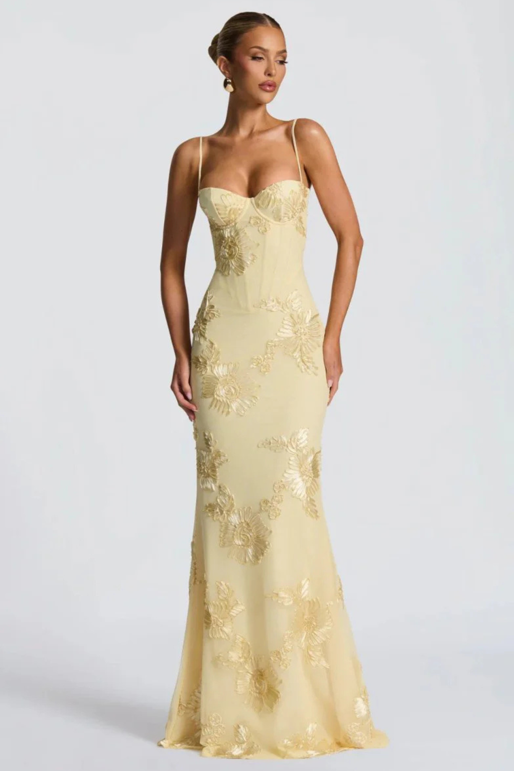 Evangeline │ Women's Floral Embroidered Corset Maxi Wedding Guest Dress With Cami Straps