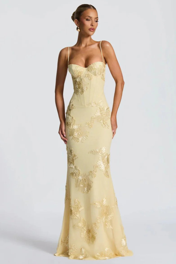 Evangeline │ Women's Floral Embroidered Corset Maxi Wedding Guest Dress With Cami Straps