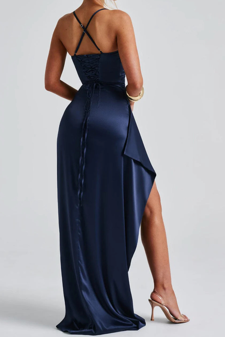 Elowen │ Women's Spaghetti Strap Ruched Satin Maxi Wedding Guest Dress With High Slit