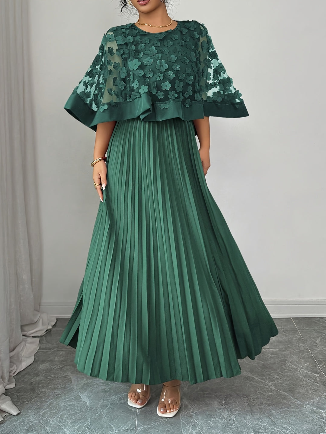 Beatrice │ Women's 3D Floral Appliqué Wedding Guest Maxi Dress With Pleated Skirt