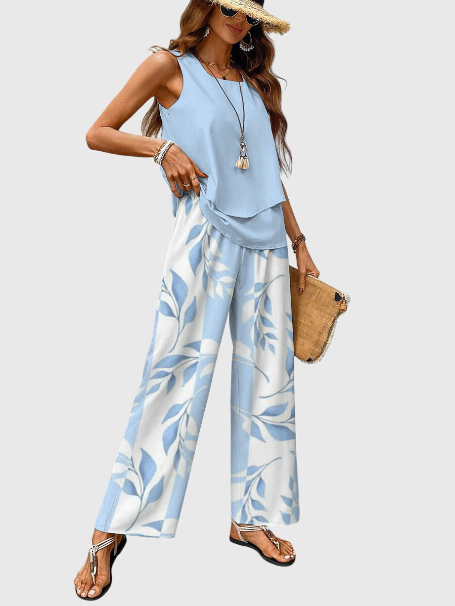 Celestine │ Women's Botanical Print Wide-Leg Trousers And Layered Sleeveless Top Two-Piece Set