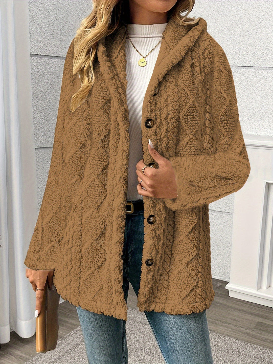Nora │ Women's Hooded Wool-Blend Teddy Coat With Button Front