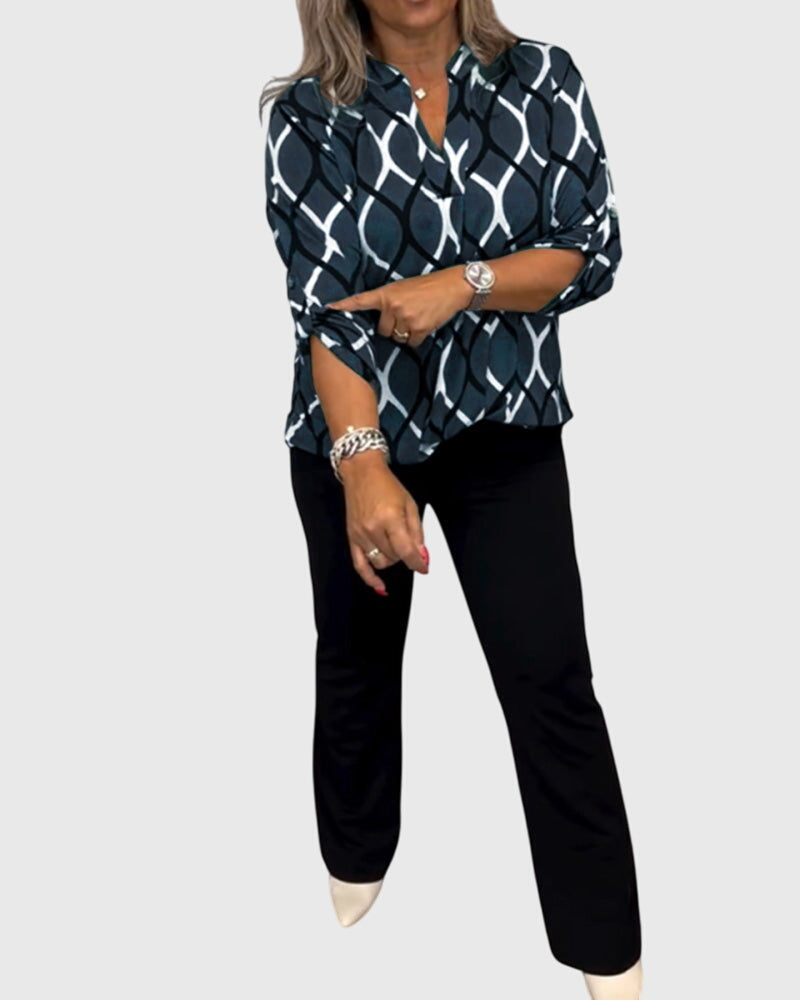 Charlotte │ Women's Long Sleeve V-Neck Blouse With Geometric Print