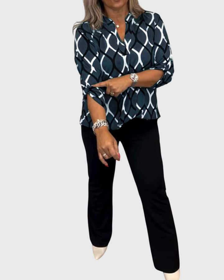Charlotte │ Women's Long Sleeve V-Neck Blouse With Geometric Print