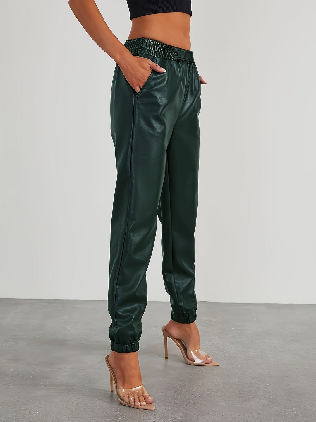 Martha │ Women's Leather-Look Tapered Trousers With Elasticated Waist And Cuffed Ankles
